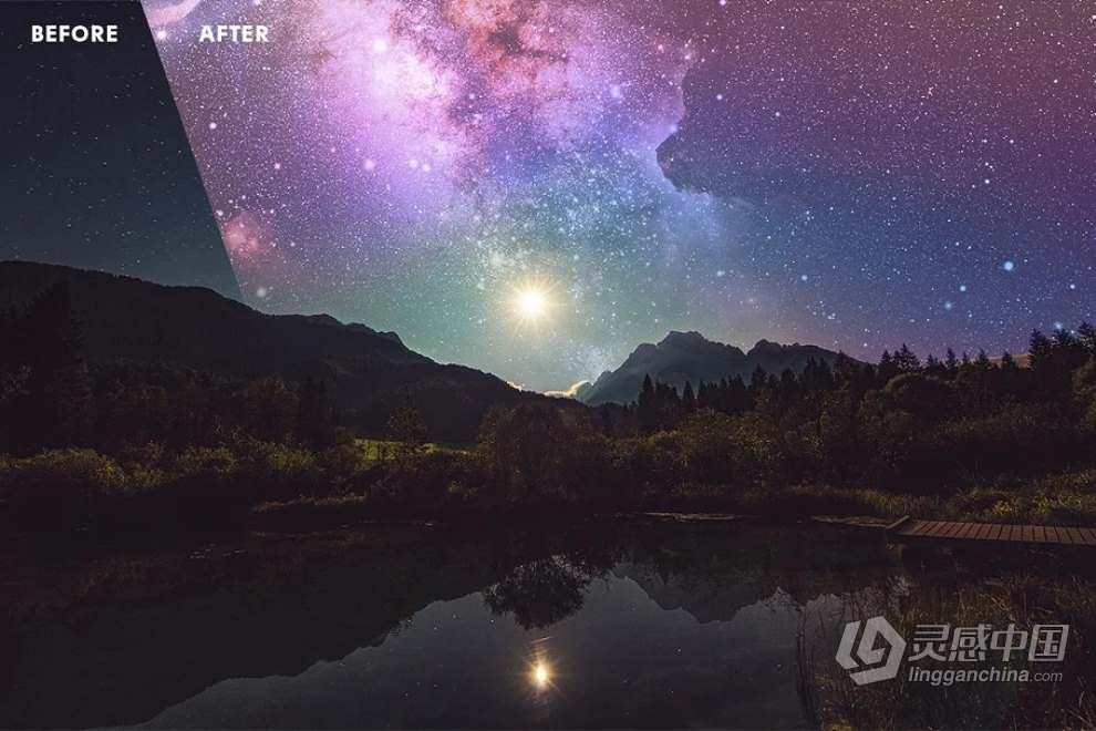 10张高质量夜空星空银河星河叠加图片素材+PS动作 Starry Sky Overlays Pack  灵感中国网 www.lingganchina.com