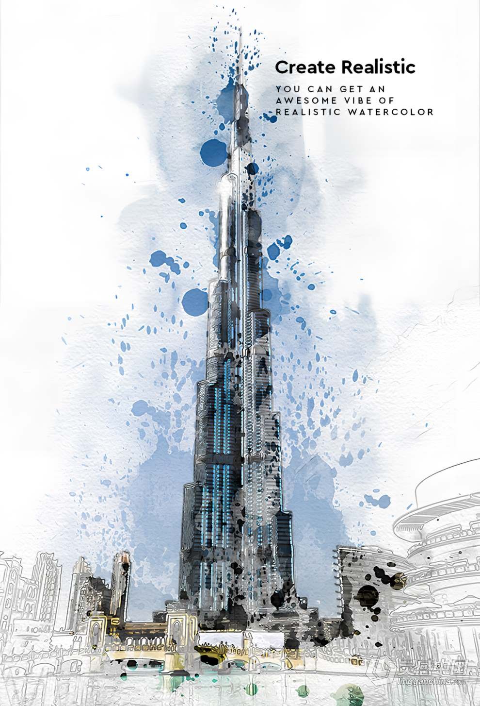 印象派抽象风格建筑水彩画效果PS动作-Watercolor Architecture – Photoshop Action 含视频教程  灵感中国网 www.lingganchina.com