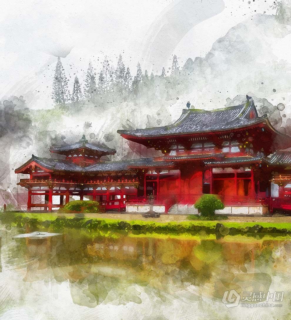 PS特效动作一键生成手绘水墨水彩画效果中国风照片 Asian Watercolor Photoshop Action  灵感中国社区 www.lingganchina.com