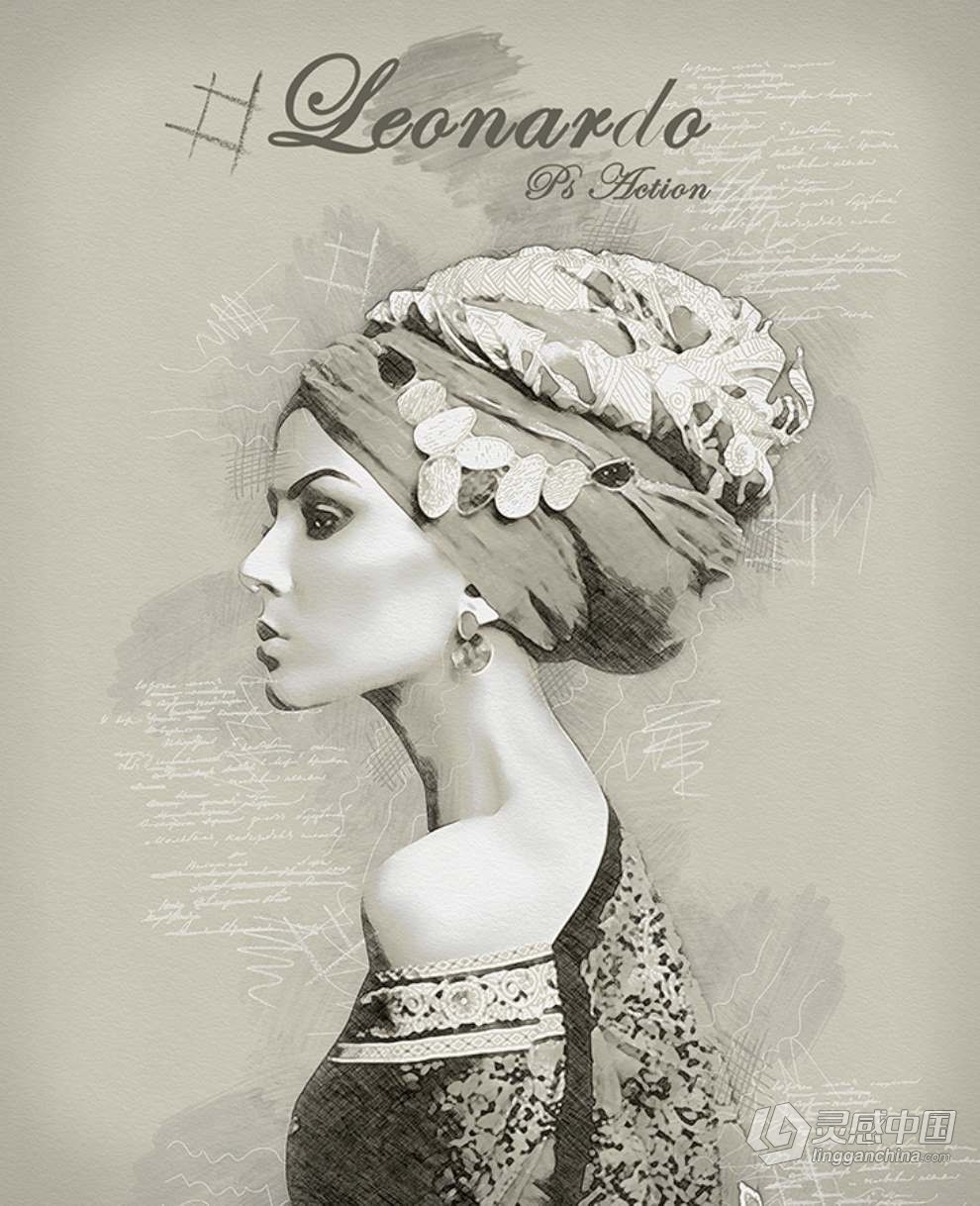 幅莱昂纳多·达芬奇绘画PS动作复古素描艺术效果 Leonardo Photoshop Action  灵感中国网 www.lingganchina.com