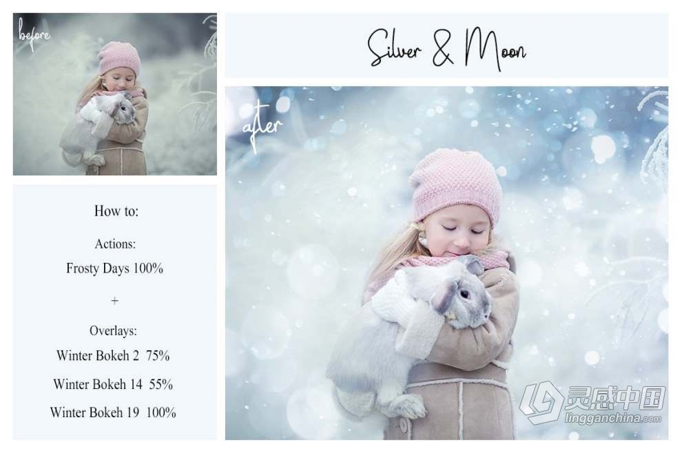 梦幻冬季高清雪花冬季纹理叠加合成前景图片素材和PS特效动作 Winter Bundle: PS Actions + Overlays  灵感中国网 www.lingganchina.com