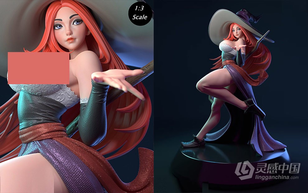 魅力帽子权杖女巫师人物角色雕刻手办3D打印模型  灵感中国网 www.lingganchina.com