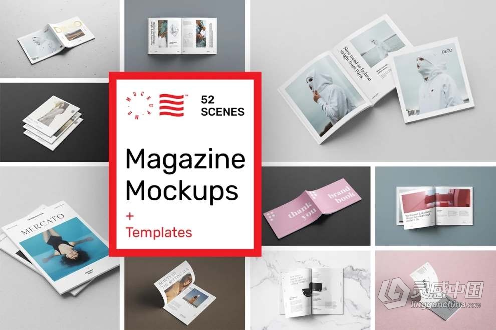 52款书本杂志图书手册装订效果展示PS模型样机 Magazine Mockups – 52 Scenes  灵感中国网 www.lingganchina.com
