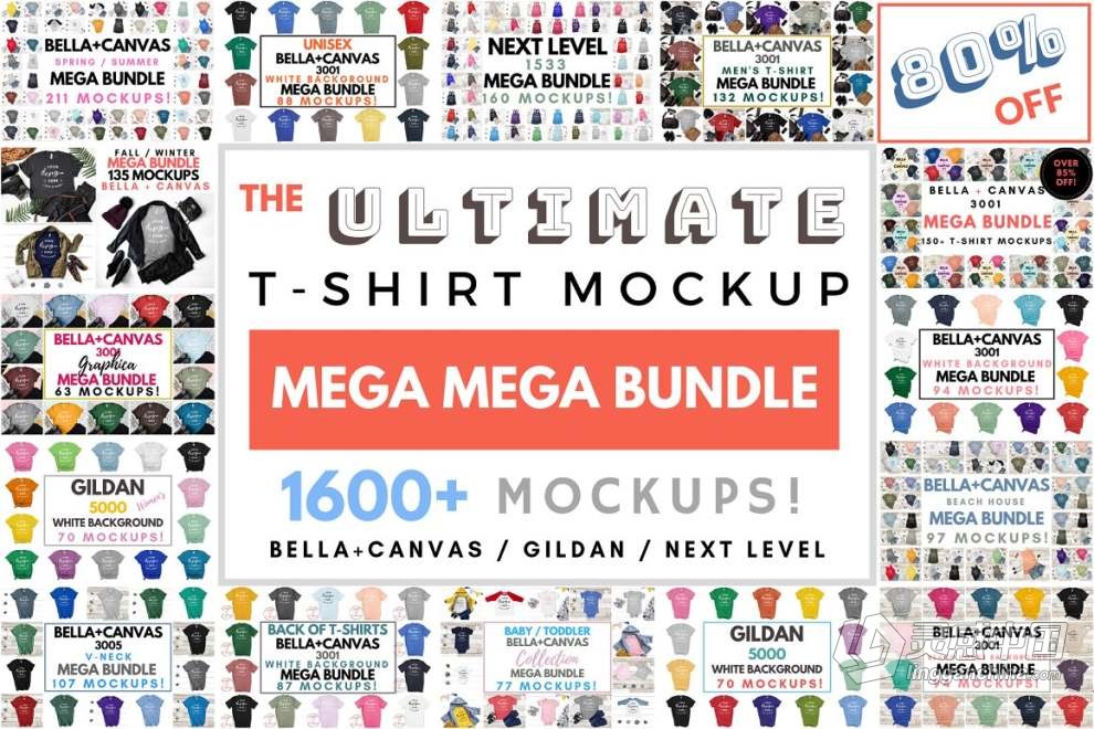1600+成人儿童T恤背心短袖模型展示PS贴图样机素材 Ultimate T-Shirt Mockup Mega Bundle  灵感中国网 www.lingganchina.com
