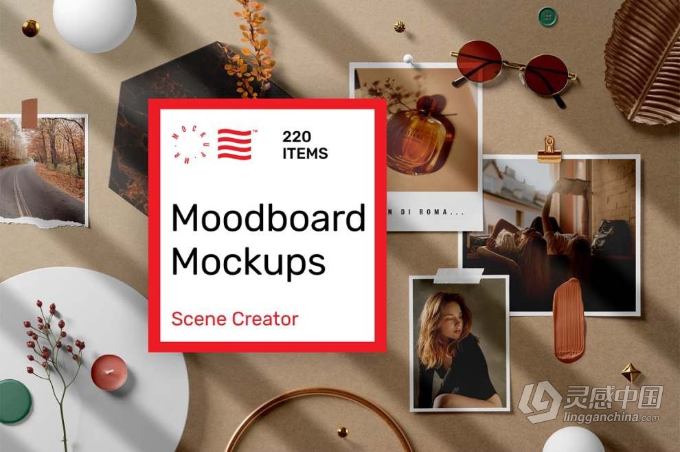 26种自然光线阴影背景纹理叠加情绪板场景模型PS样机 Moodboard Mockups – Scene Creator  灵感中国社区 www.lingganchina.com