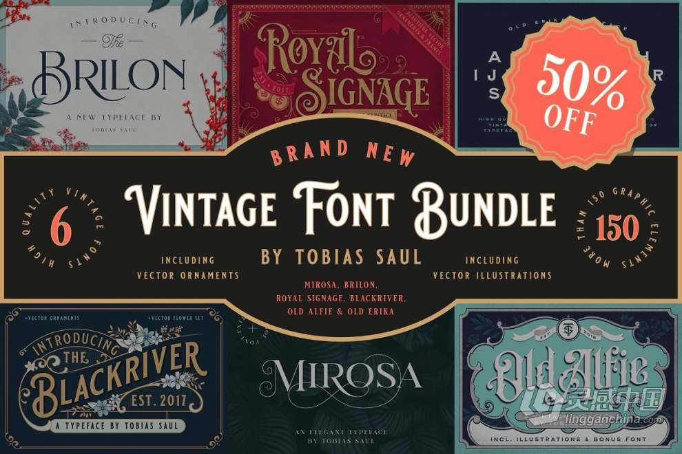 6套华丽优雅复古手写艺术签名设计英文字体 Vintage Font Bundle  灵感中国网 www.lingganchina.com