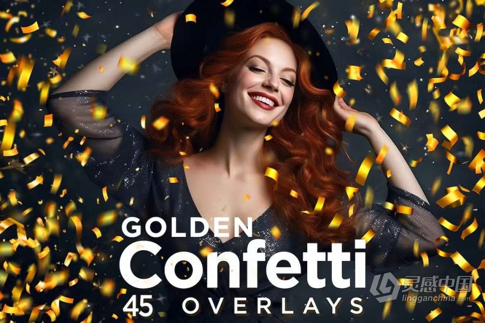 45张金色纸屑喷撒节日婚礼庆祝摄影叠加图片素材 45 Golden Confetti Photoshop Overlays, Glitter  灵感中国网 www.lingganchina.com