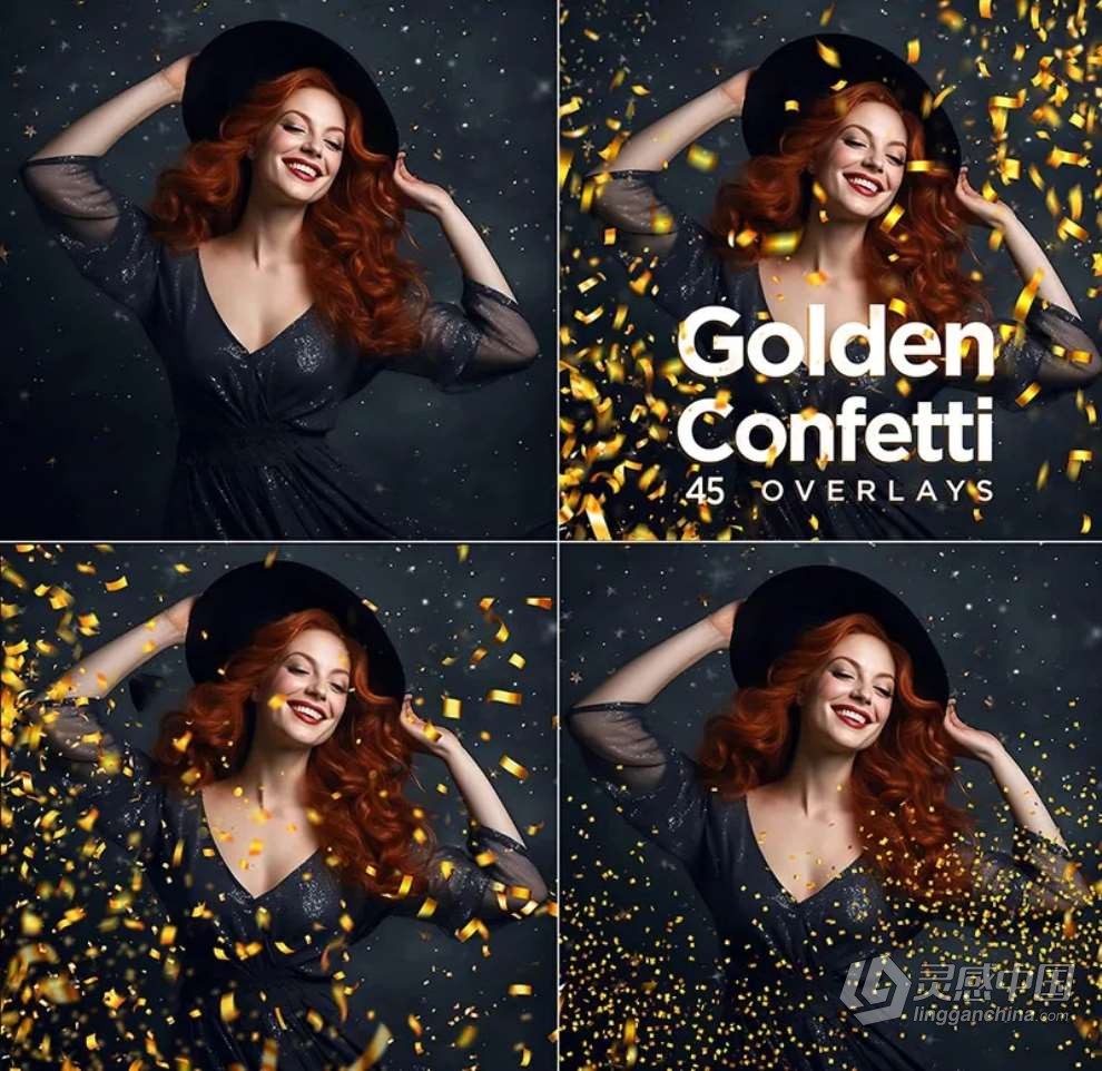 45张金色纸屑喷撒节日婚礼庆祝摄影叠加图片素材 45 Golden Confetti Photoshop Overlays, Glitter  灵感中国网 www.lingganchina.com