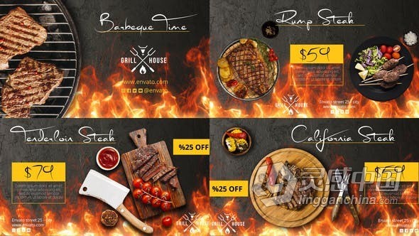 披萨西餐牛排美味宵夜烧烤食品菜单介绍餐饮广告AE模版 Barbecue Food Promo  灵感中国网 www.lingganchina.com