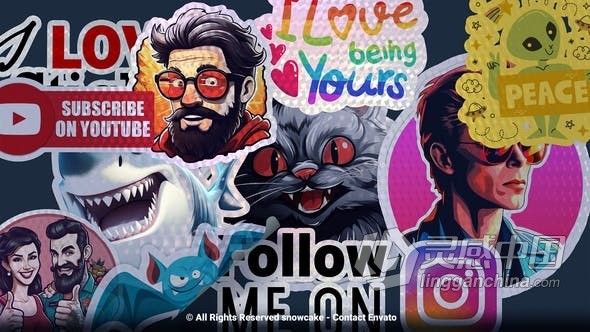 全息贴纸制作器趣味插图卡通标签炫酷反光贴纸元素AE模版 Holographic Sticker Maker  灵感中国网 www.lingganchina.com