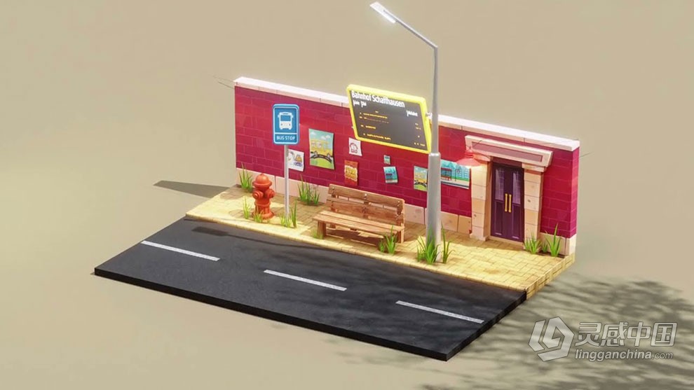 Blender 3D从建模到贴图完全指南视频教程 Create 3D Bus Stop Environment In Blender 4.0  灵感中国网 www.lingganchina.com