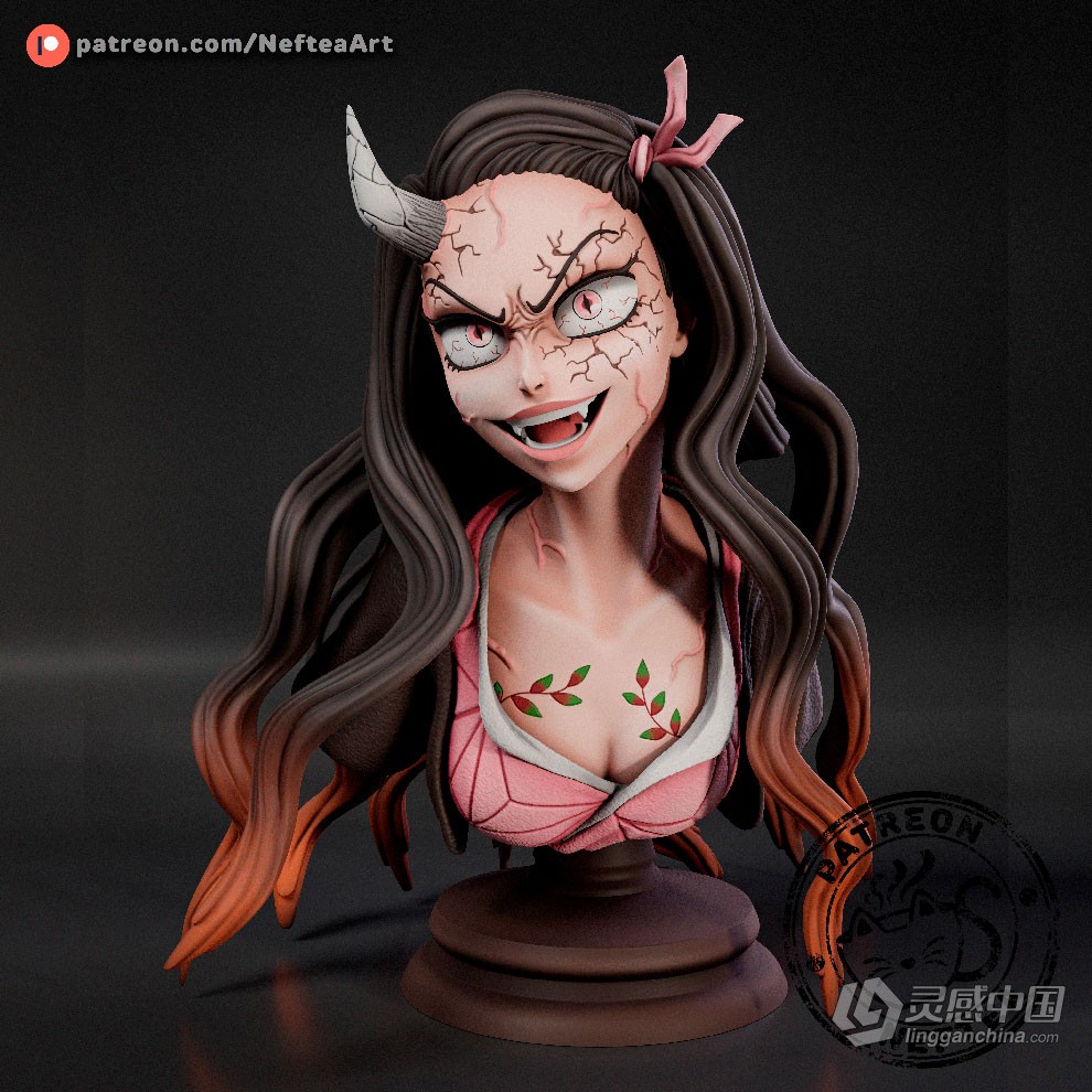 灶门祢豆子暴怒半身像《鬼灭之刃》动漫角色雕塑雕刻3D模型  灵感中国网 www.lingganchina.com