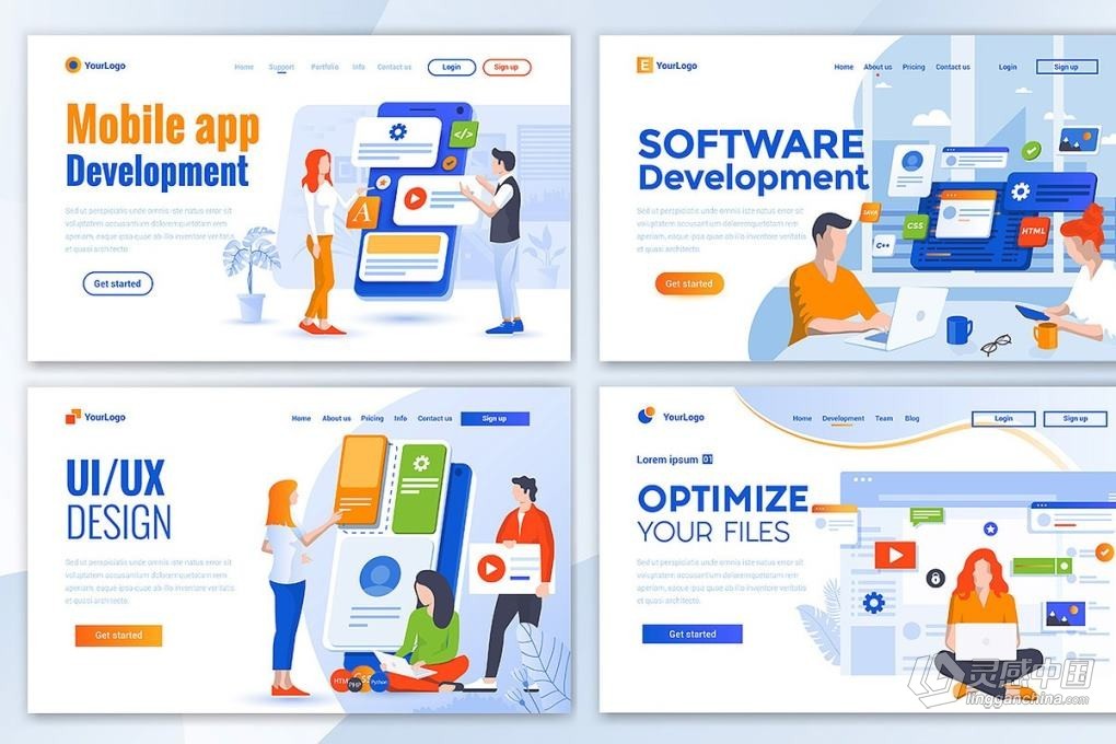 10套蓝色商务主题网站单页落地页版式UI界面设计PS/AI模板 Collection of Landing page templates  灵感中国网 www.lingganchina.com
