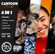 4合1照片转手绘漫画卡通油画半色调效果PS特效动作 4 in 1 Cartoon Bundle Photoshop Actions