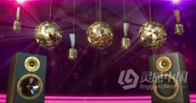 视频素材 DJ音乐复古金色扬声器迪斯科球麦克风舞蹈LED背景VJ视频素材