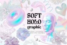 74款酸性艺术全息虹彩渐变纹理抽象3D几何图形PNG素材 Soft Holo Iridescence 3D Shapes