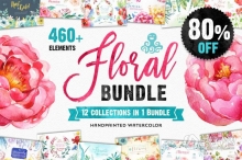 12套460多种手绘水彩花卉昆虫设计图形PNG图片素材合集 The Floral Bundle 12in1