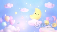 月亮之夜3D卡通可爱星星派对气球微笑月亮动态背景VJ视频素材 Happy Moon Night