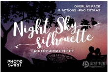 84张高清星空银河极光闪电叠加夜空元素剪影PNG素材+PS动作 Night Sky Silhouette Actions