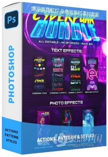 赛博朋克霓虹灯.全息效果Photoshop素材套装(样式,PSD.动作.) Cyberpunk Photoshop Effects Bundle
