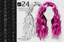 24种时尚人像发型Procreate画笔笔刷下 24 Hairstyle Stamp Brushes Procreate 附教程